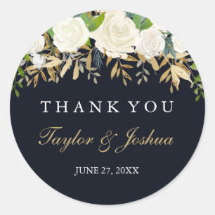Trouwsticker met Navy Gouden Bloemen Bedankt Ronde Sticker