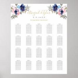 Trouwstoelindeling Navy & Blush Bloemen Poster