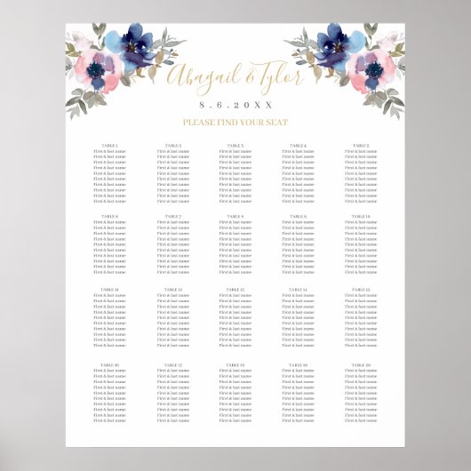 Trouwstoelindeling Navy & Blush Bloemen Poster (Voorkant)