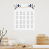 Trouwstoelindeling Navy & Blush Bloemen Poster (Keuken)