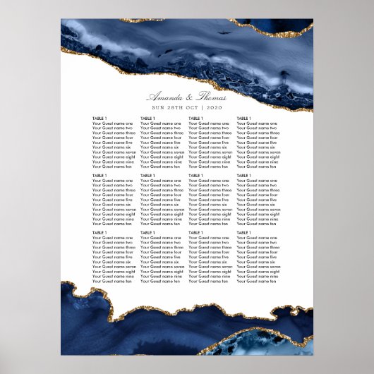 Trouwstoelindeling Navy en Goud Agate Poster (Voorkant)