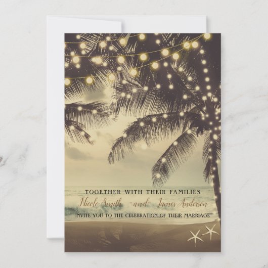 Trouwstrand Oceaans Palmboom & Lichtjes Bruiloft Kaart (Voorkant)