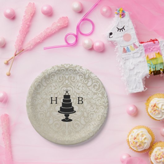 Trouwtaart monogram papieren bordje (Feest)