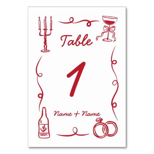 Trouwtafel grillige hand getekend rood geïllustree kaart (Voorkant)
