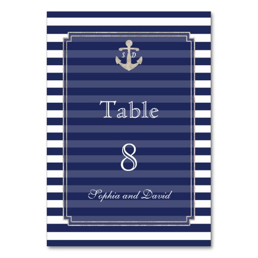 Trouwtafelkaart Nautical Navy Strepen Zilver Kaart (Voorkant)