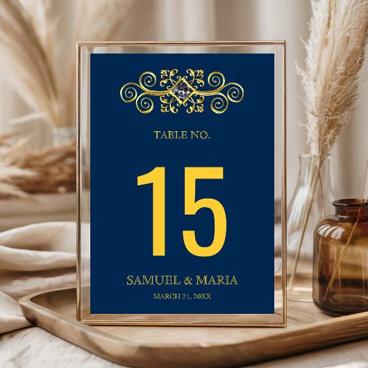 Trouwtafelnummer met Navy Blauwe Gouden Bloem Kaart