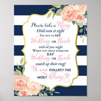 Trouwteken Navy Goud Folie | Bruidsfeest Bord 8x10 Poster