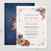 Trouwtemplate in Navyblauw en Verbrand Oranje Goud Kaart (Voorkant / Achterkant)