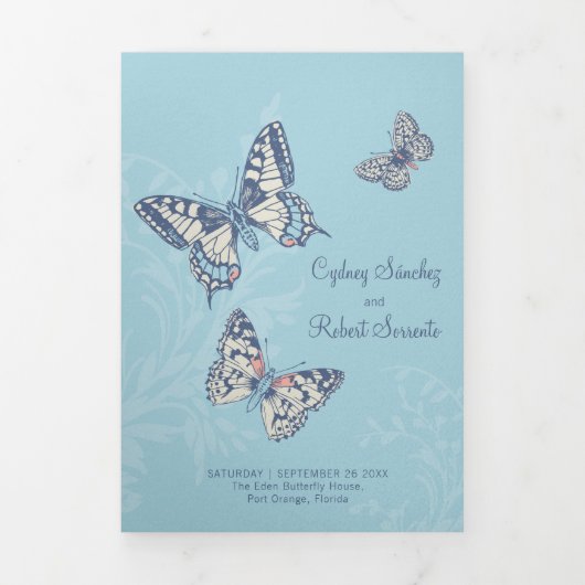 Trouwtinten blauw vlinders all-in-one drieluik uitnodiging (Cover)