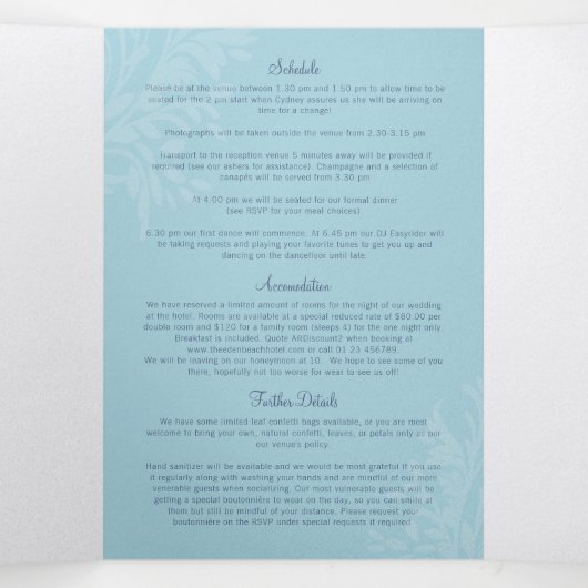 Trouwtinten blauw vlinders all-in-one drieluik uitnodiging (Binnenkant midden)