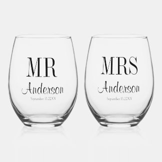 Trouwtypografie Mr en Mrs Stemless Wijn Glas