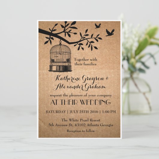 Trouwuitnodiging 'Bruine Papieren Vogelkooi Rustie Kaart (Staand voorkant)