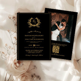 Trouwuitnodiging Goud Zwart Wapen QR Monogram Kaart