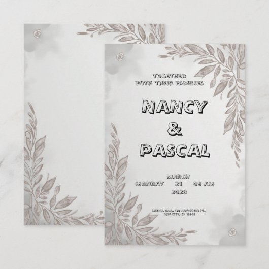 Trouwuitnodiging in grijs met bloemmotieven kaart (Voorkant / Achterkant)