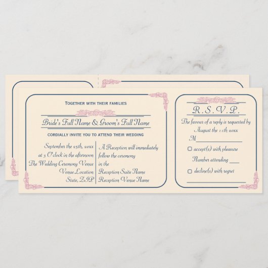 Trouwuitnodiging in Navy en Roze met RSVP kaartje Kaart (Voorkant / Achterkant)