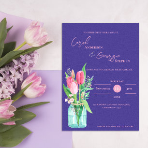 Trouwuitnodiging in paarse & roze tulp in metselpo kaart