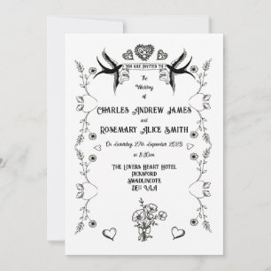 Trouwuitnodiging in vintage tattoo stijl kaart
