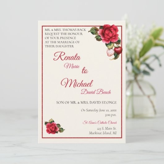 Trouwuitnodiging met Aardbeien en Rode Rozen Kaart (Staand voorkant)