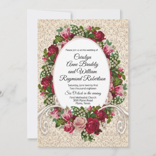 Trouwuitnodiging met antieke damast en rozen kaart (Voorkant)