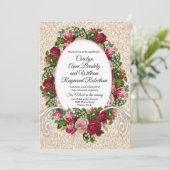 Trouwuitnodiging met antieke damast en rozen kaart (Staand voorkant)