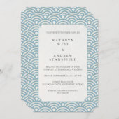Trouwuitnodiging met blauw en wit golfpatroon kaart (Voorkant / Achterkant)