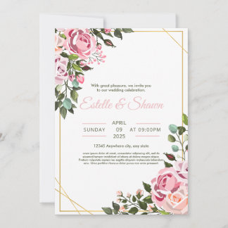 Trouwuitnodiging met bloemen, Romantische roze tro Kaart