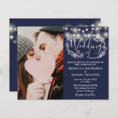 Trouwuitnodiging met budget navyblauwe details en (Voorkant / Achterkant)