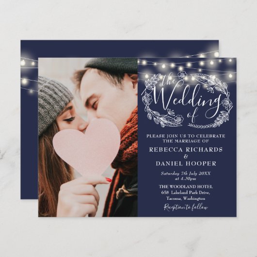 Trouwuitnodiging met budget navyblauwe details en  (Voorkant / Achterkant)