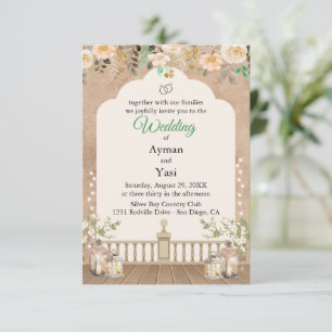 Trouwuitnodiging met gedrukte bloemen in vintage p RSVP kaartje