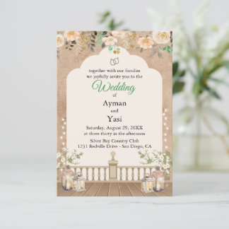 Trouwuitnodiging met gedrukte bloemen in vintage p RSVP kaartje