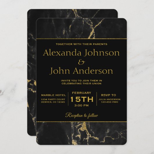 Trouwuitnodiging met gouden en zwarte marmer kaart (Voorkant / Achterkant)