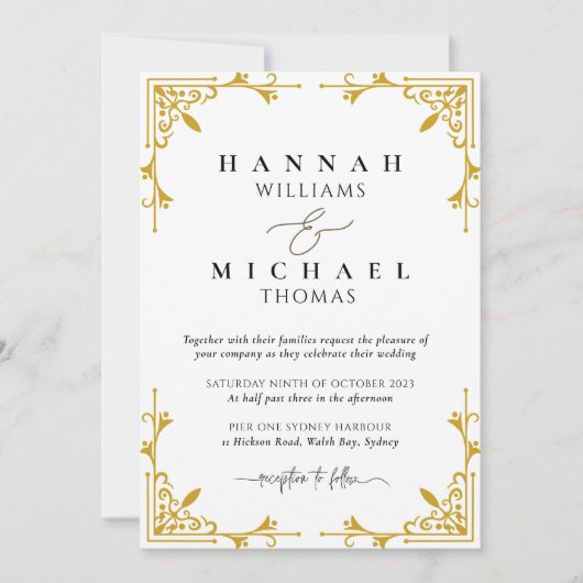 Trouwuitnodiging met gouden rand en klassiek monog kaart (Voorkant)