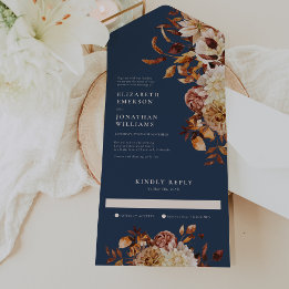 Trouwuitnodiging met marineblauwe bloemen alles in all in one uitnodiging