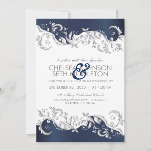 Trouwuitnodiging met marineblauwe en witte bloemen kaart (Voorkant)