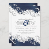 Trouwuitnodiging met marineblauwe en witte bloemen kaart (Voorkant / Achterkant)