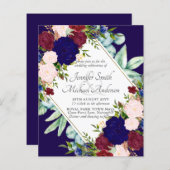 Trouwuitnodiging met Navy Blauwe Bordeaux Roze Blo (Voorkant / Achterkant)