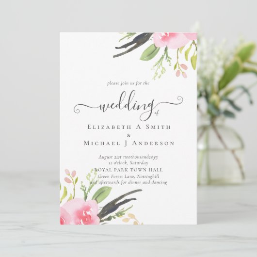 Trouwuitnodiging met olijfgroene en roze tinten vo (Staand voorkant)