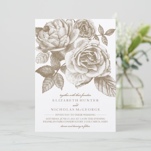 Trouwuitnodiging met roos schets in sepia kaart (Staand voorkant)