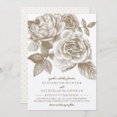 Trouwuitnodiging met roos schets in sepia kaart (Voorkant / Achterkant)