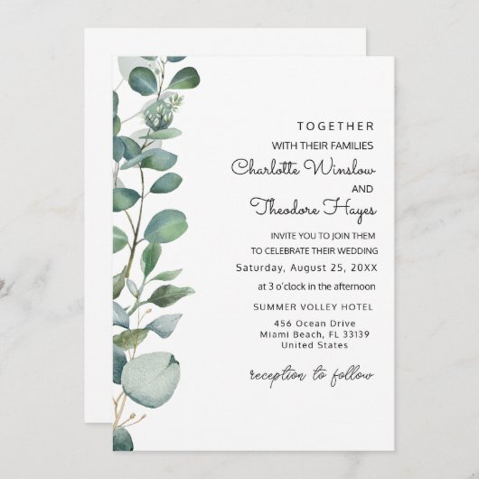 Trouwuitnodiging met tuin Eucalyptus en groen Save The Date (Voorkant / Achterkant)