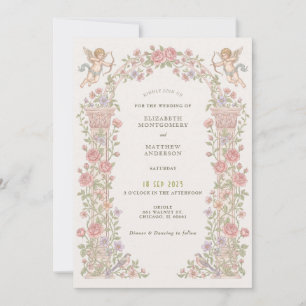 Trouwuitnodiging met vintage bloemen en cherubijn kaart