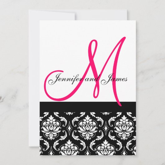 Trouwuitnodiging Monogram Zwart Roze Damast Kaart (Voorkant)