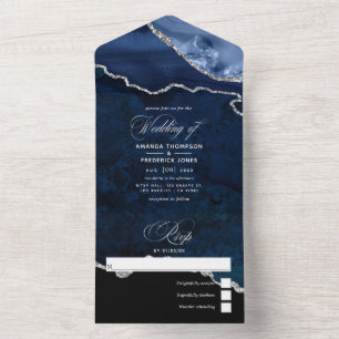 Trouwuitnodiging Navy Blauw en Zilver Agate All In One Uitnodiging