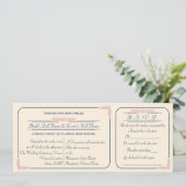 Trouwuitnodiging Navy en Roze Ticket met RSVP Kaart (Staand voorkant)