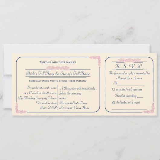 Trouwuitnodiging Navy en Roze Ticket met RSVP Kaart (Voorkant)