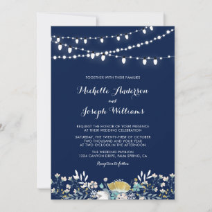 Trouwuitnodiging Navy & Gold Night Garden Kaart