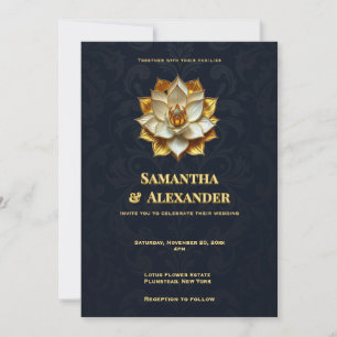 Trouwuitnodiging Navy Gouden Lotus Elegant Kaart
