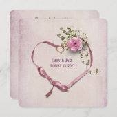 trouwuitnodiging roze linthart met ringen kaart (Voorkant / Achterkant)