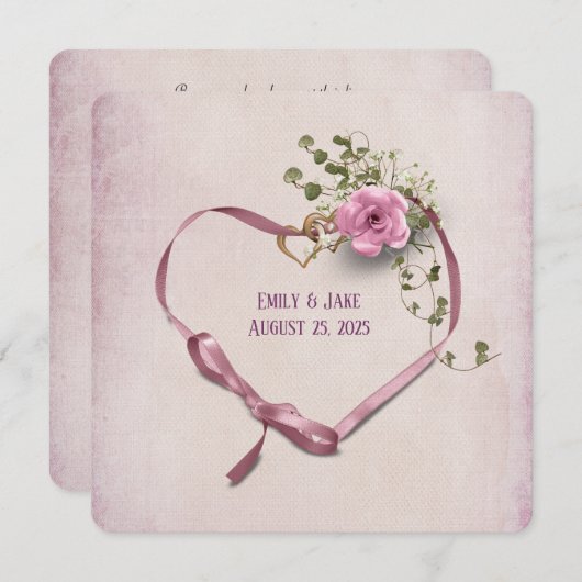 trouwuitnodiging roze linthart met ringen kaart (Voorkant / Achterkant)
