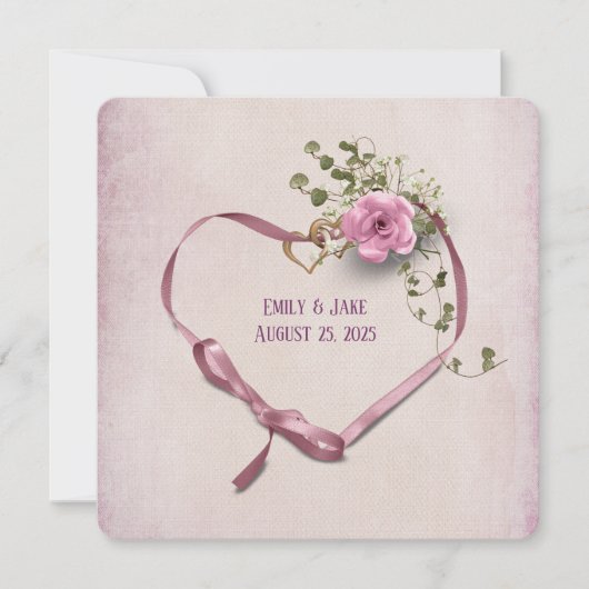 trouwuitnodiging roze linthart met ringen kaart (Voorkant)